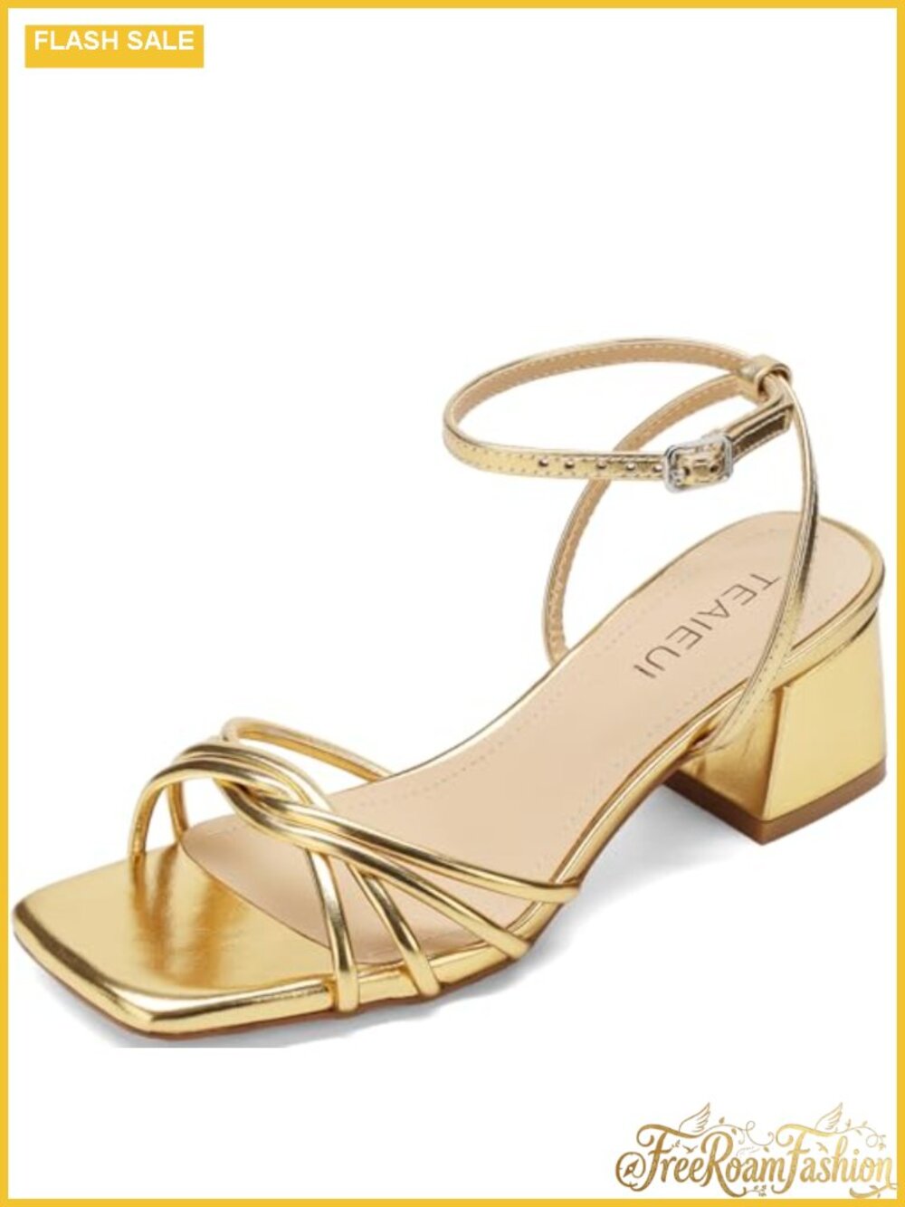 Chunky Heel Strappy Sandals Square Toe 2 Inch Faux Leather Women's Heels